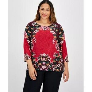 JM Collection Women's Plus Size 3/4-Sleeve Blooming Jacquard Top Size 2X Red NWT
